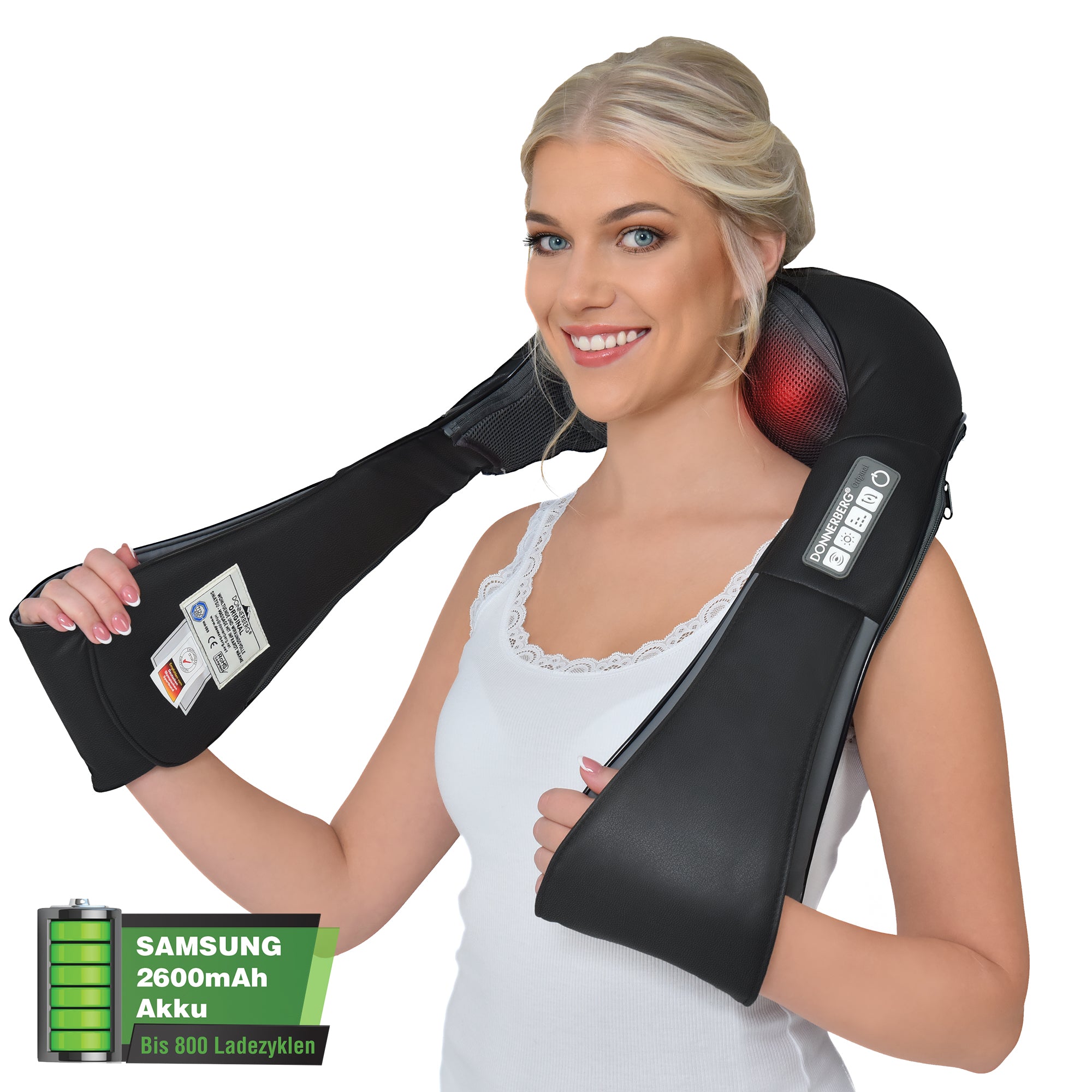 Woman using neck and shoulder massager