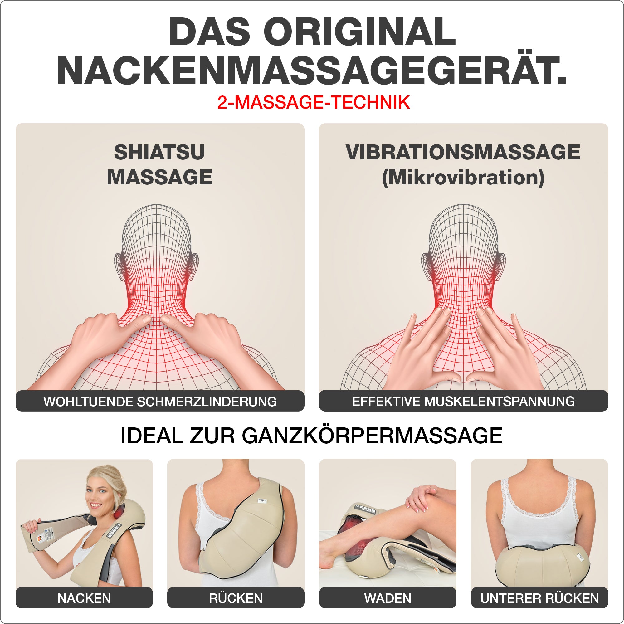2 techniques de massage : shiatsu et massage par vibrations. Parfait pour le massage profond du corps entier. beige