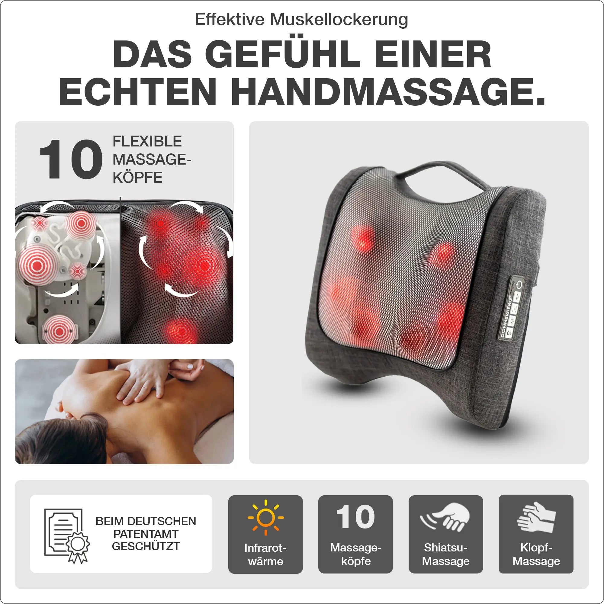 Krafty: Effektive Muskellockerung durch 10 Massageköpfe für Shiatsu- und Klopfmassage und Infrarotwärme