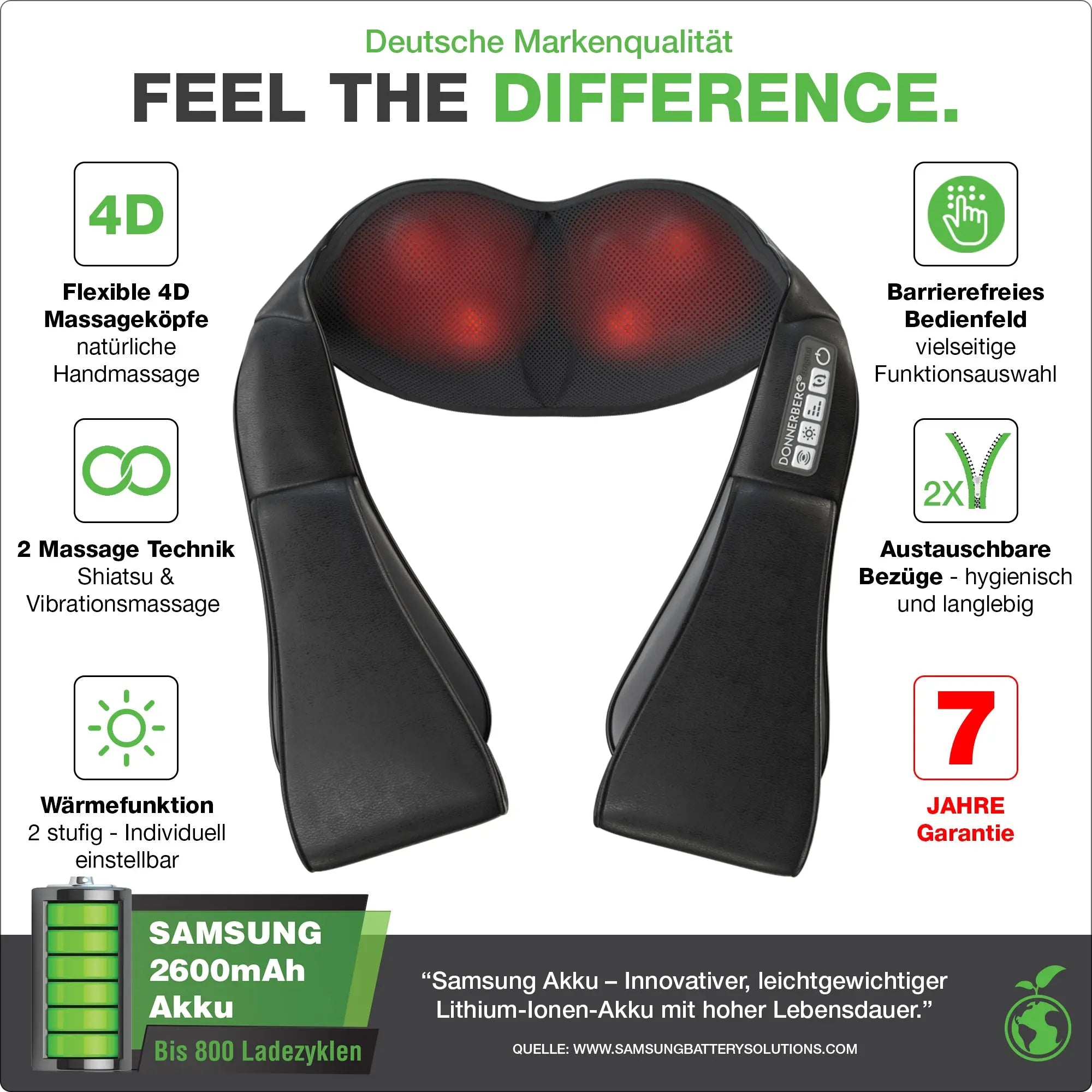 Standards allemands de qualité et 7 ans de garantie du fabricant. Massage par vibrations et massage shiatsu avec chaleur infrarouge réglable.