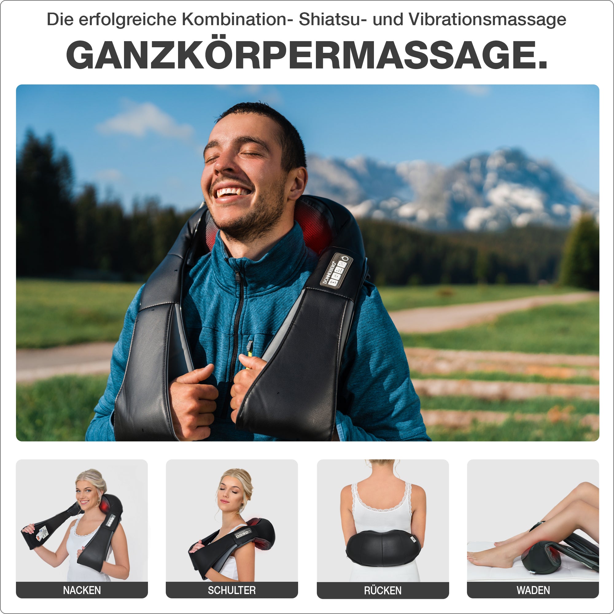 Ganzkörpermassage mit dem Akku Nackenmassagegerät am Nacken, Schultern, Rücken, Waden.