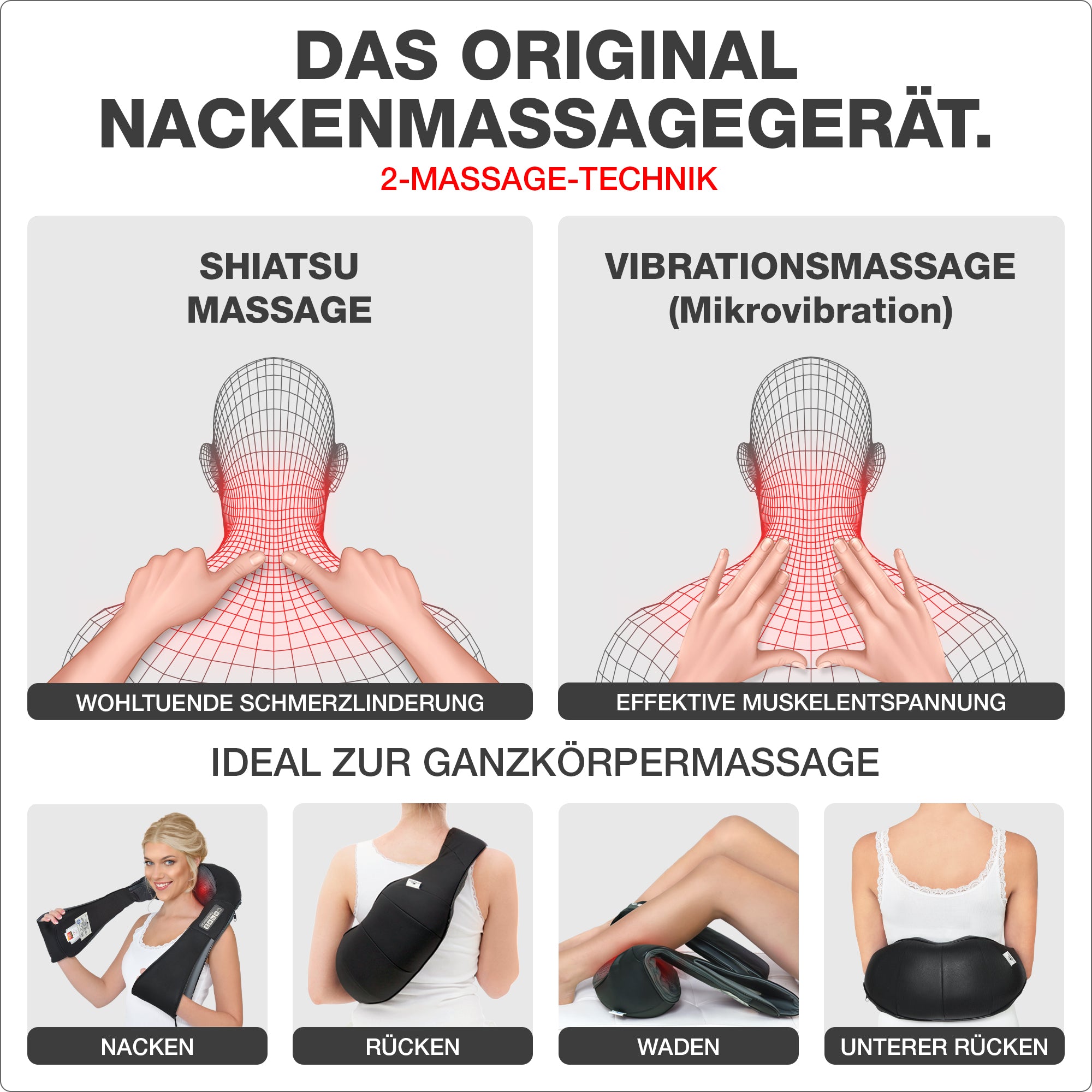 2 techniques de massage : shiatsu et massage par vibrations. Parfait pour le massage du corps entier. black