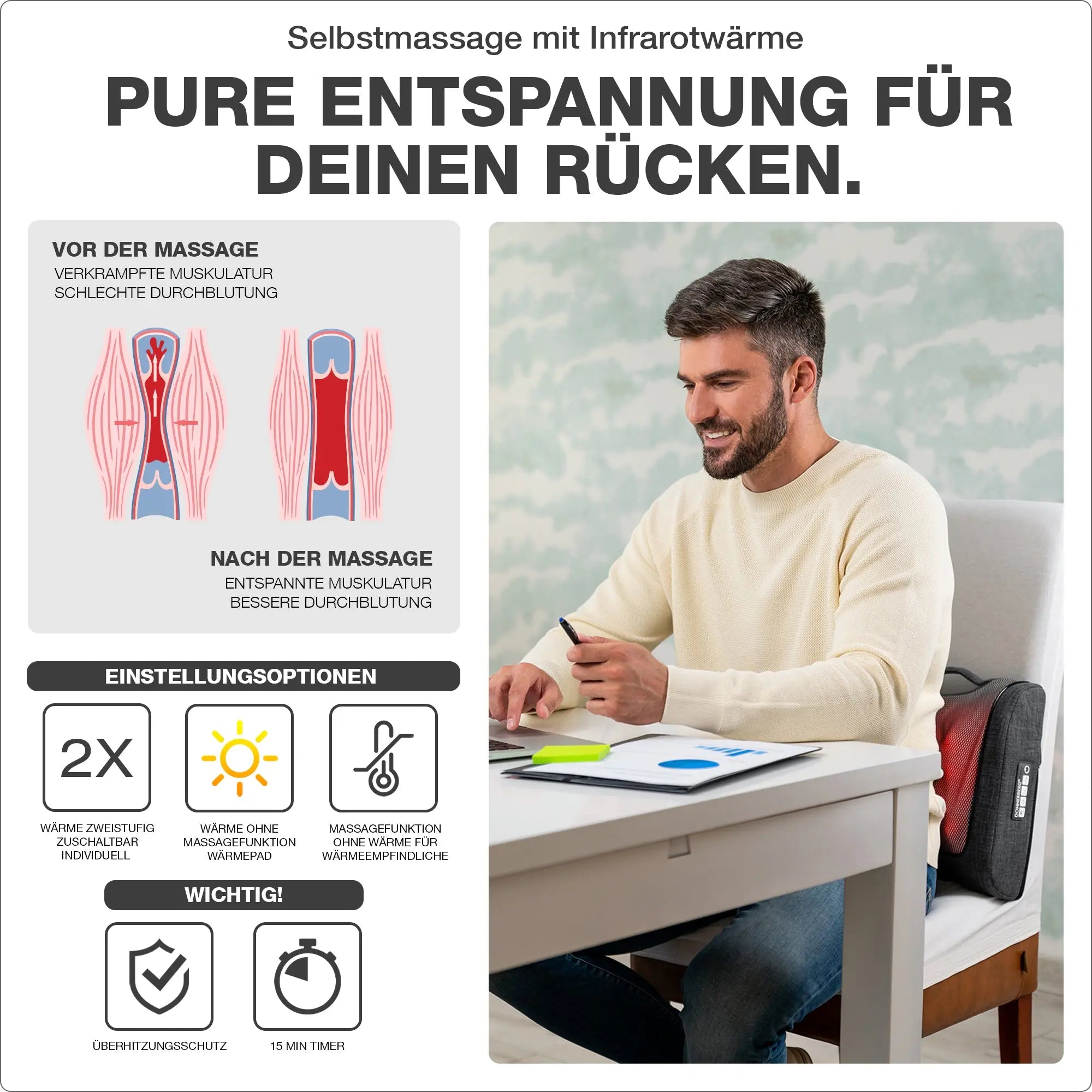 Massagekissen Krafty: Selbstmassage mit Infrarotwärme für pure Entspannung für Deinen Rücken. Mit zweistufiger Infrarotwärme