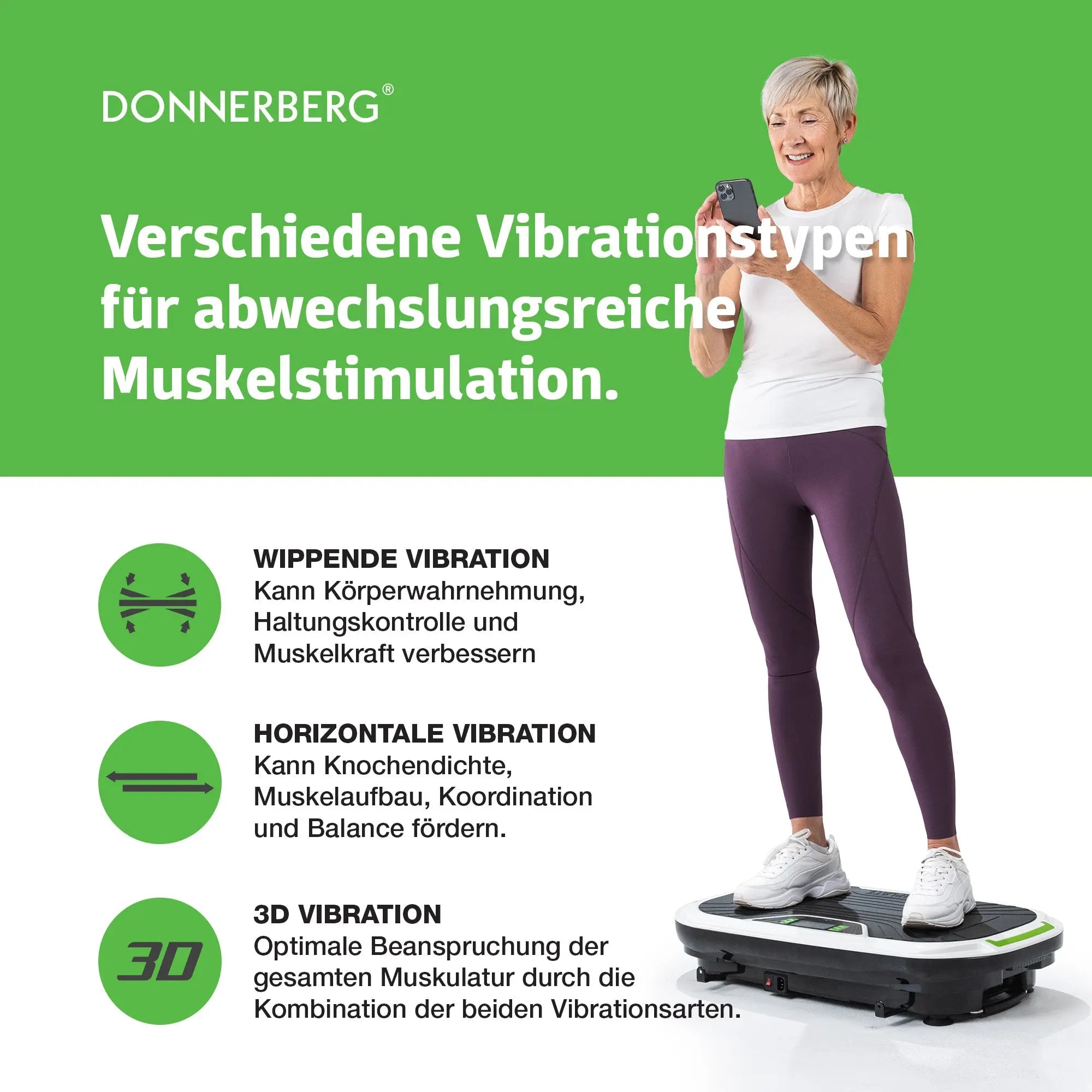 Vibrating plate with seat provides different vibration types: oscillation, micro vibration, and 3D vibration