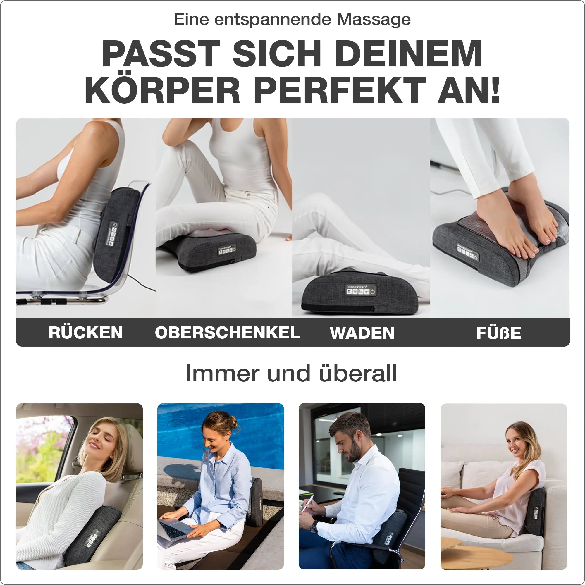 Entspannende Massage mit dem Krafty: passt sich Deinem Körper perfekt an. Immer und überall: im Auto, zu Hause, Im Büro