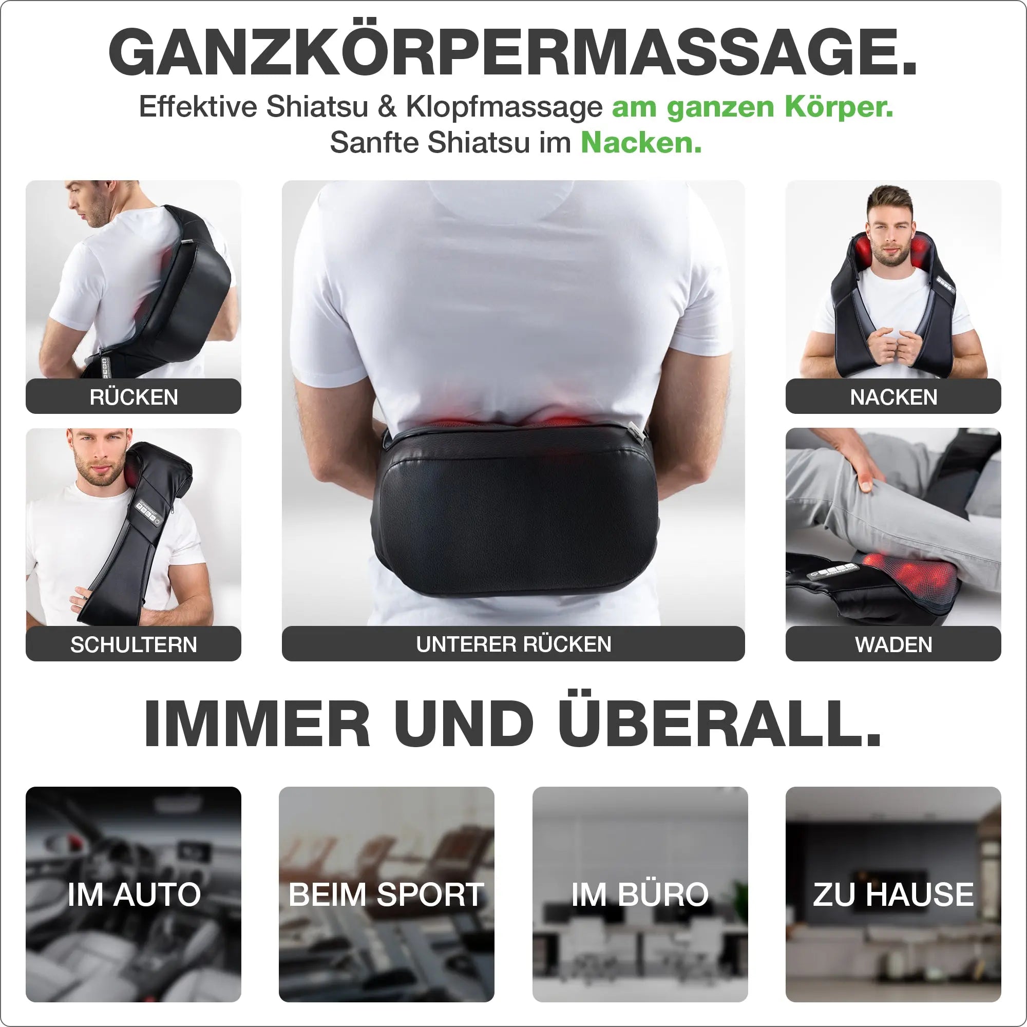 Ganzkörpermassage immer und überall. Effektive Shiatsu- und Klopfmassage am Nacken, Schultern. Rücken, Waden.