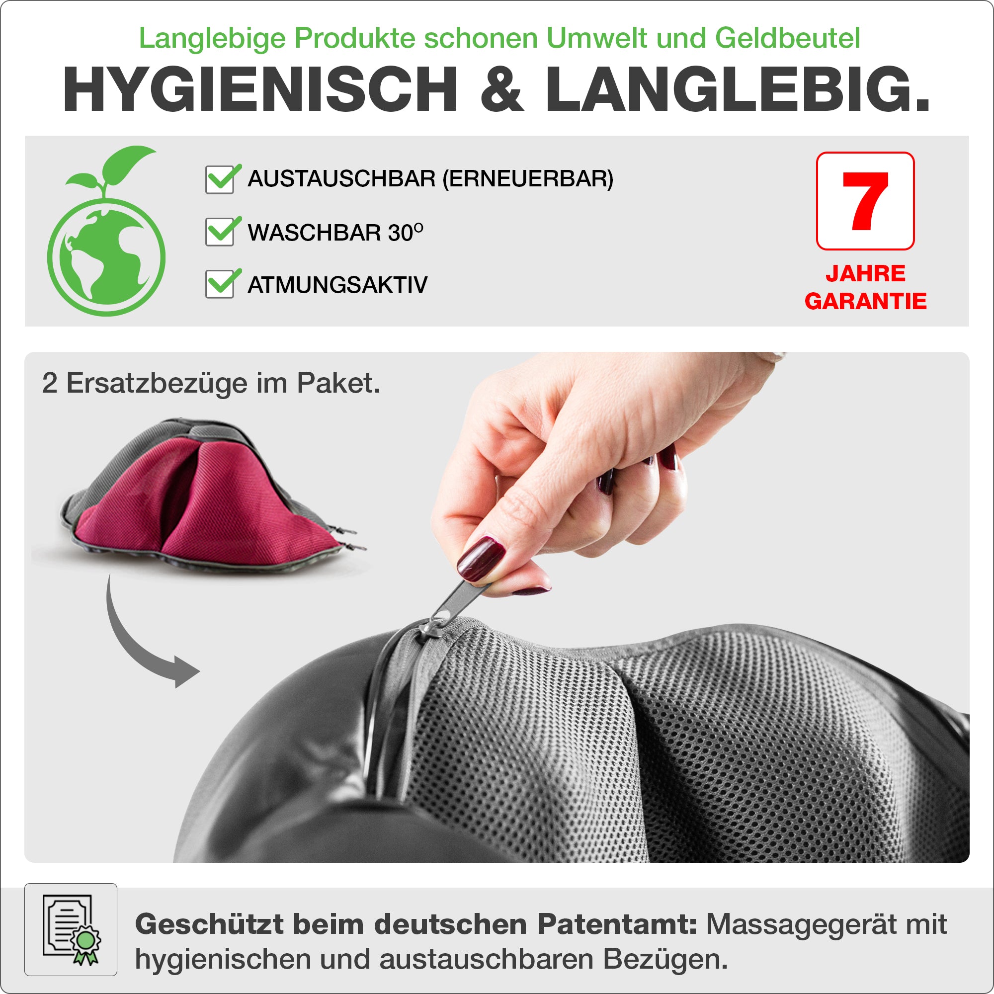 Hygienisch und langlebig: austauschbare und waschbare Ersatzbezüge.