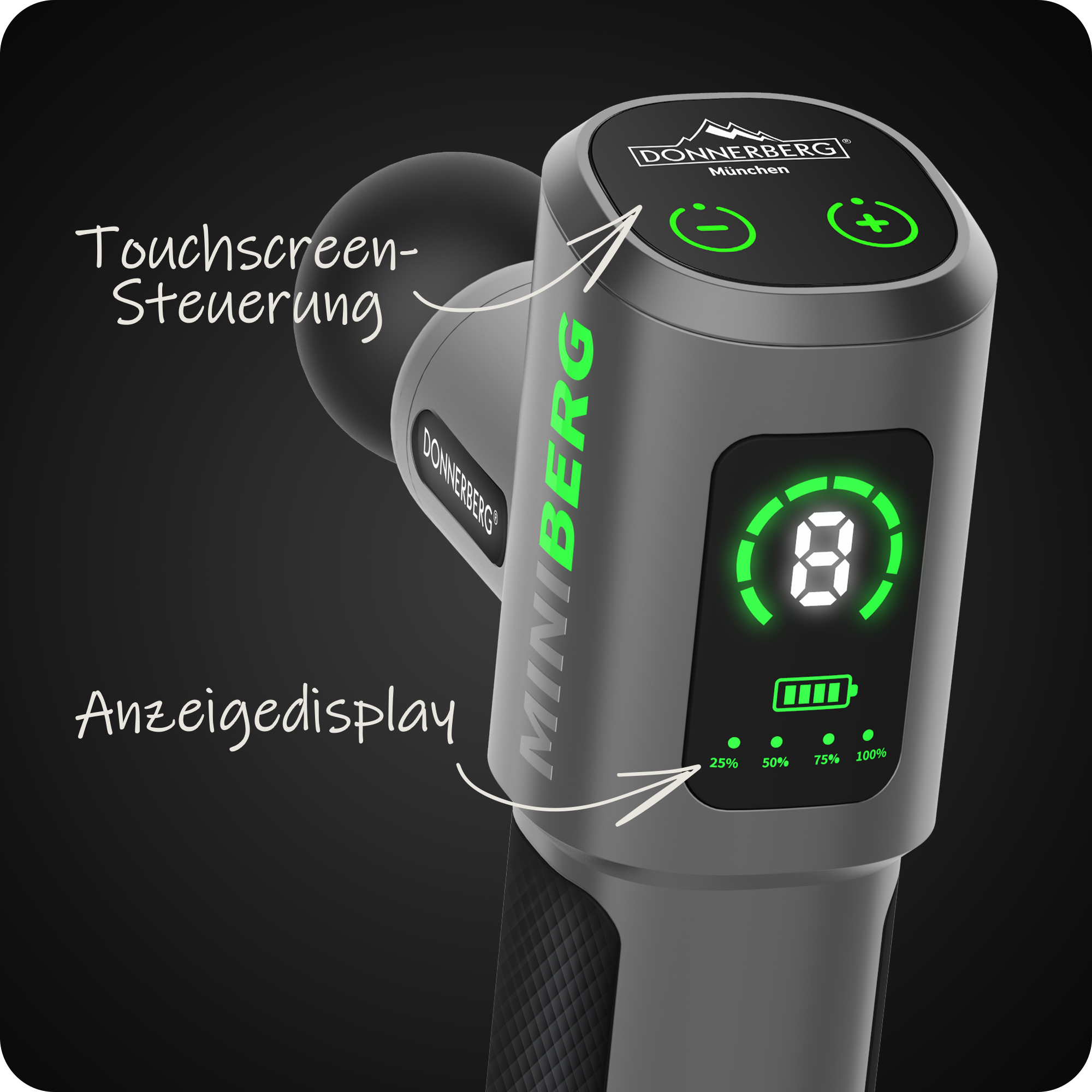 Die Miniberg-Massagepistole verfügt über zwei Displays: Touchscreen-Steuerung und Anzeigedisplay