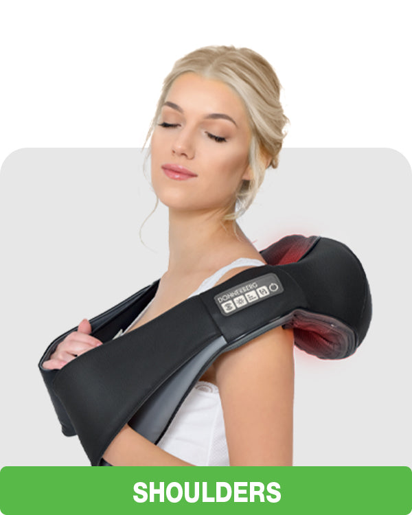 woman using Donnerberg neck massager on her shoulders