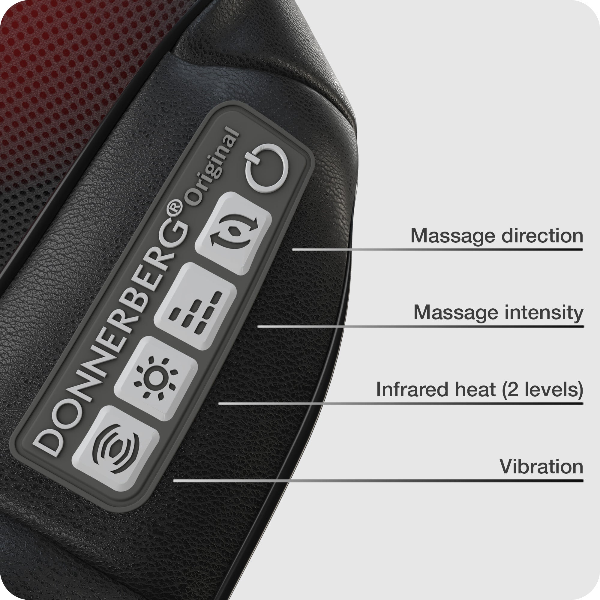 control panel with 4 functions: speed, heat, vibration, rotation direction