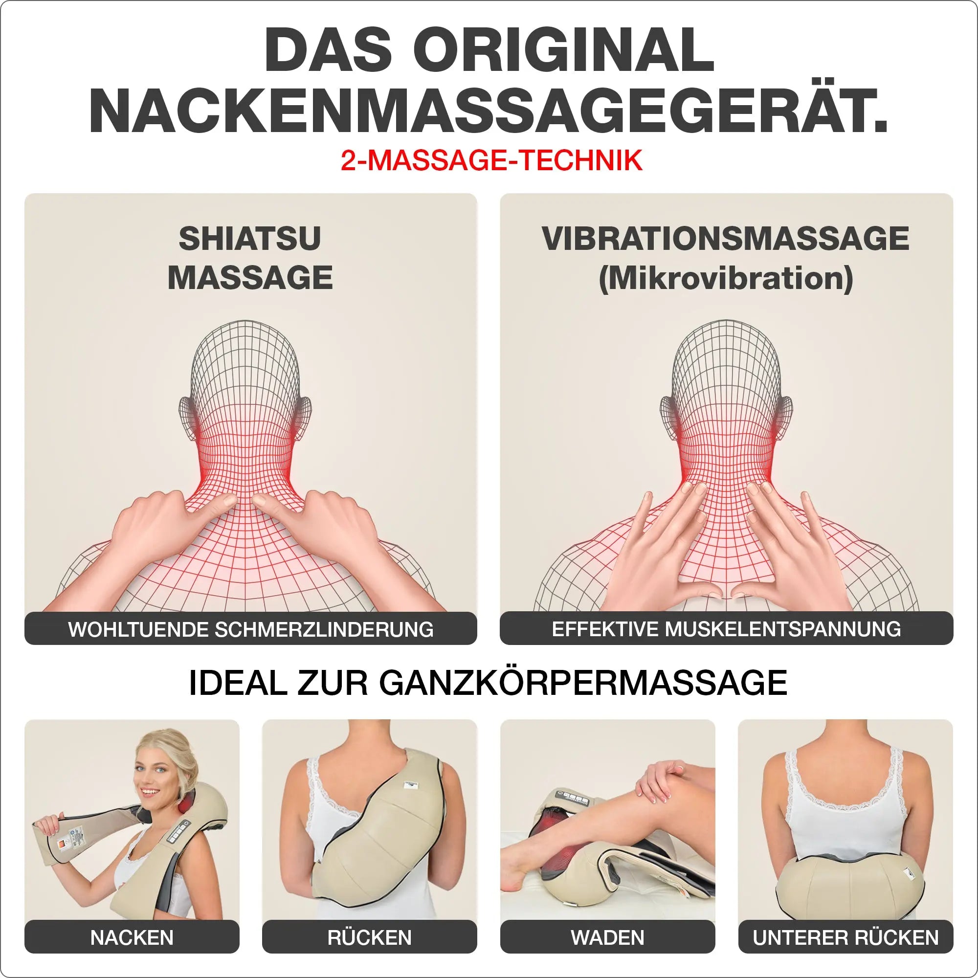 Benefits of shiatsu and vibration massage listed beige