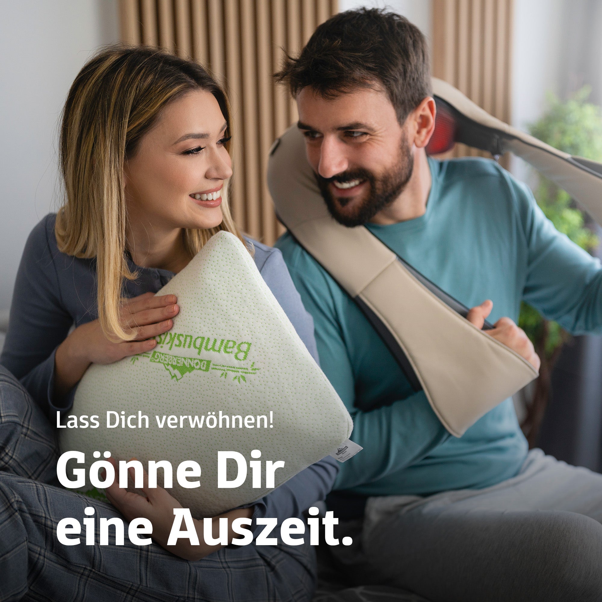 Man using Donnerberg neck massager and woman holding neck pillow