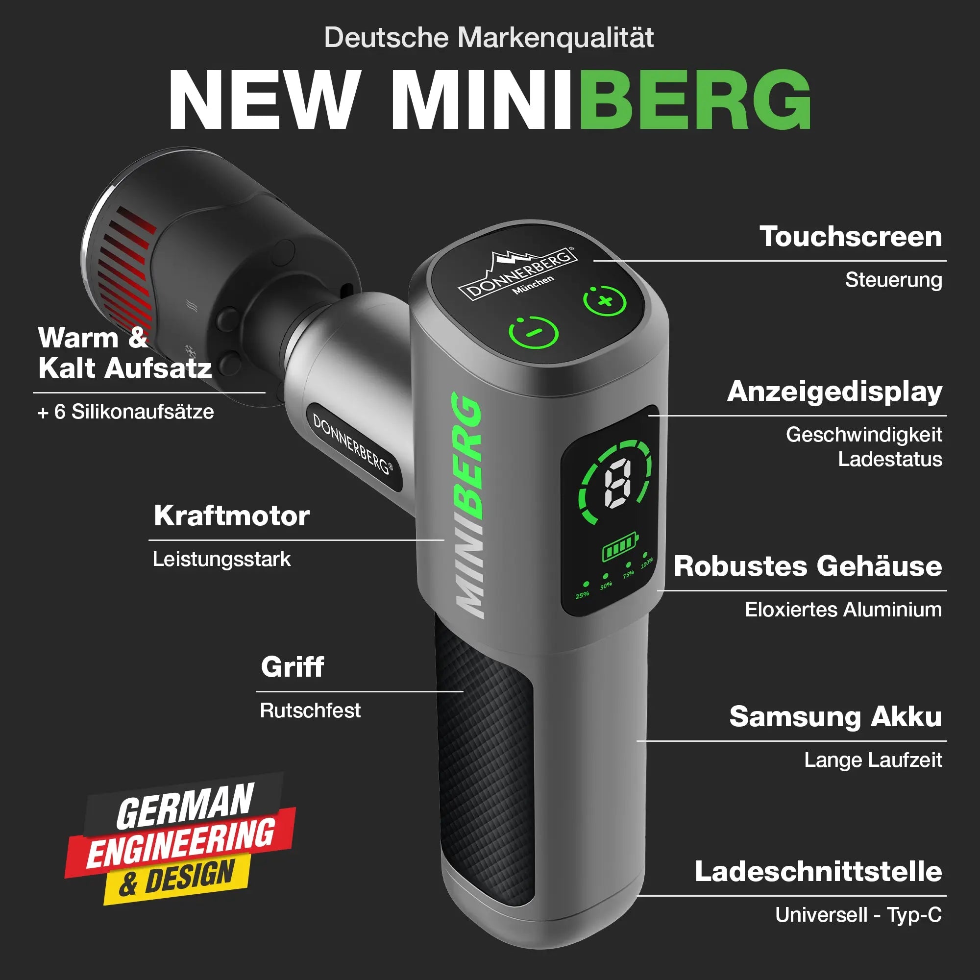 Massage Gun mit langlebigen Samsung Akku, Kraftmotor, 2 Displays und robustem Gehäuse