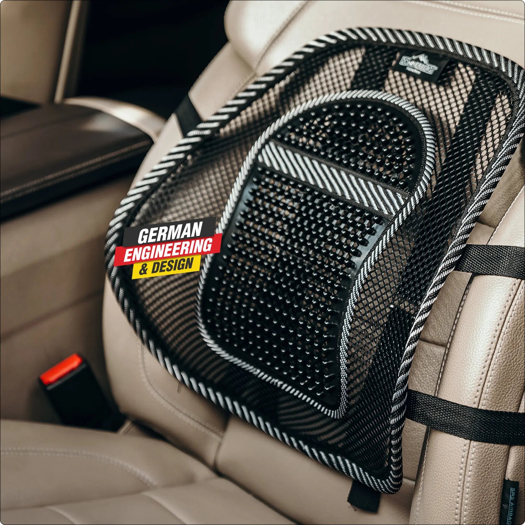 Black mesh back support on car seat