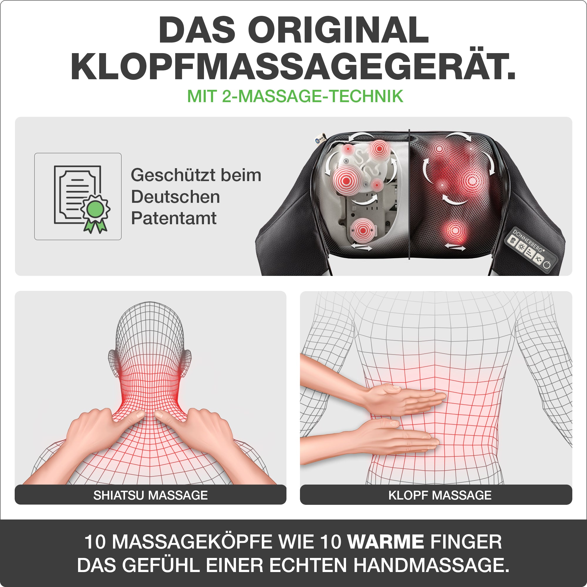 Das Original Klopfmassagegerät mit 2 Massage.Technik: Shiatsu-und Kolpfmassage