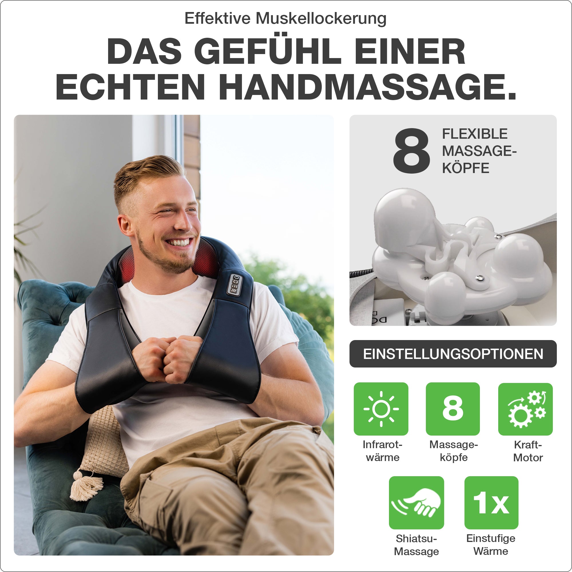 Das Gefühl einer echten Handmassage. Einstellungsoptionen: Infrarotwärme, Kraftmotor, Shiatsu-Massage