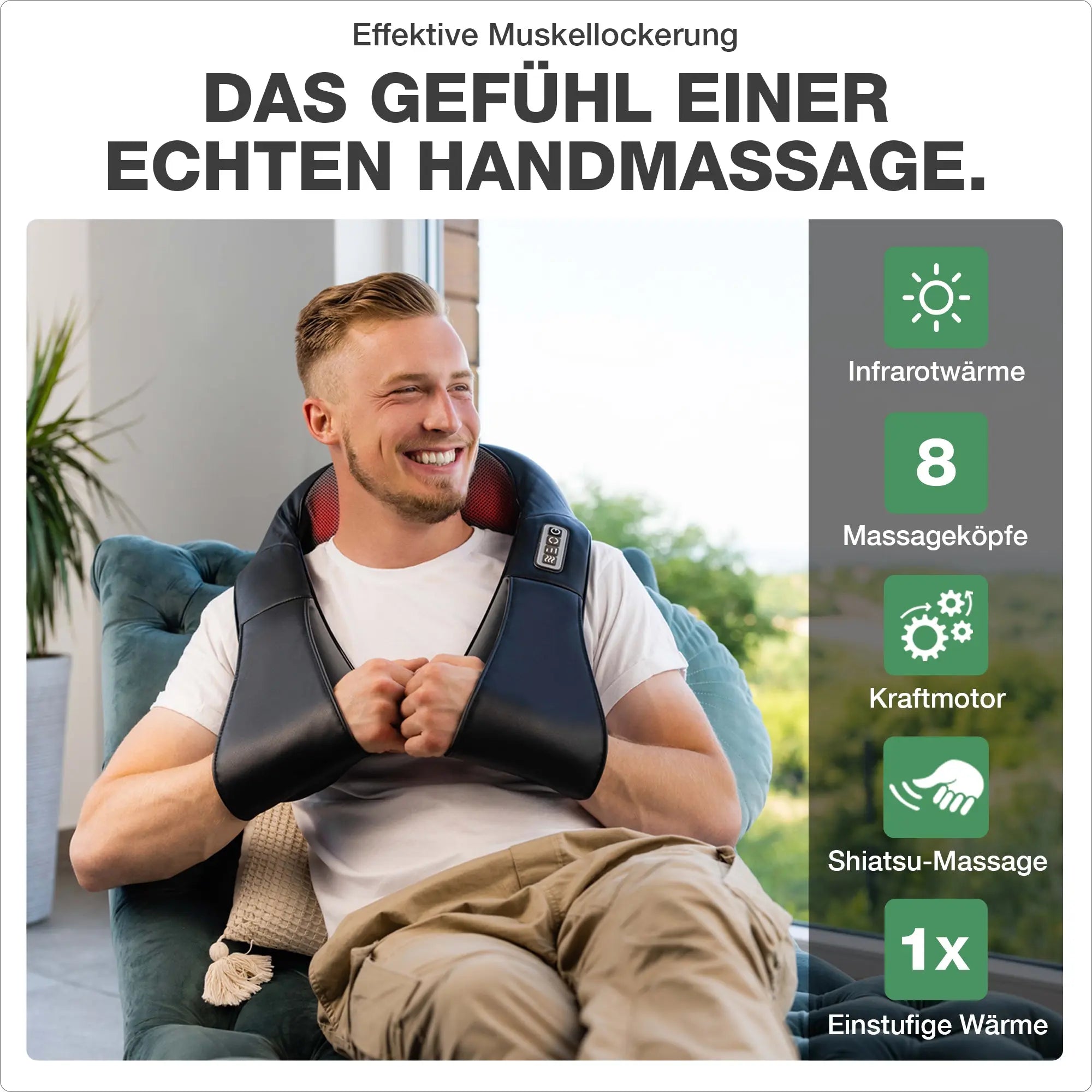 Basic mit Edelstein Jade. Das Gefühl einer echten Handmassage durch einstufige Infrarotwärme, 8 Massageköpfe für Shiatsu-Massage. Mit langlebigen Kraftmotor.