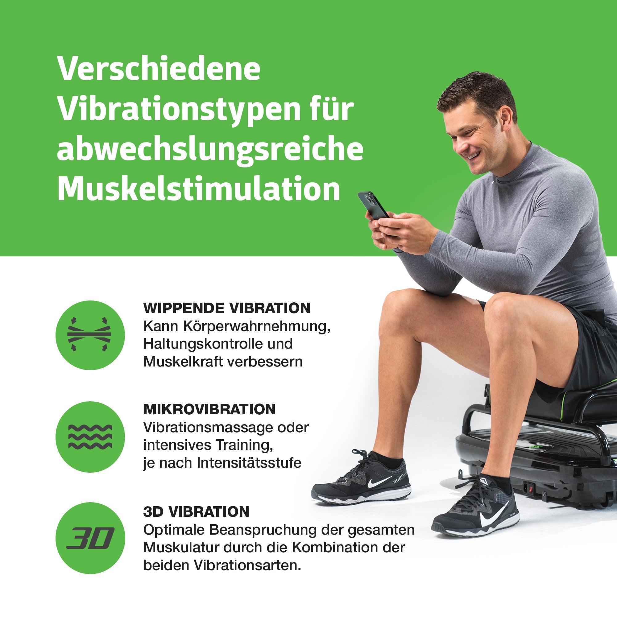 Vibrationstypen bei der Vibrationsplatte Sport im Set mit dem Sportsitz: wippende Vibration, Mikrovibration und 3D Vibration