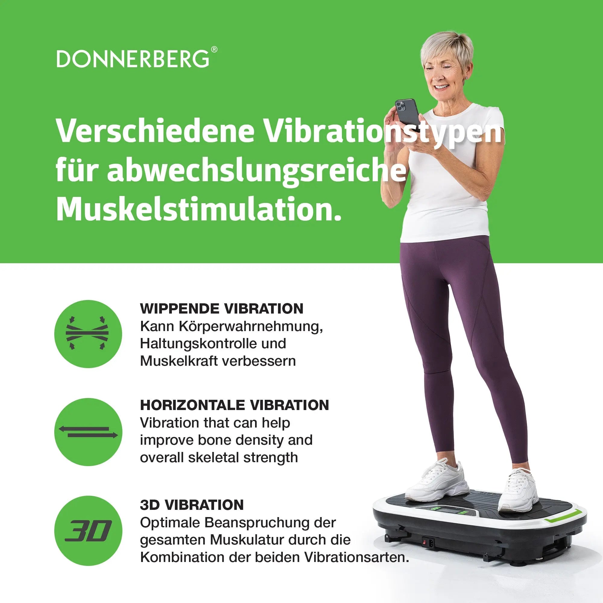 Verschiedene Vibrationstypen der Vibrationsplatte Thera für abwechslungsreiche Muskelstimulation: wippende Vibration, horizontale Vibration und 3D Vibration