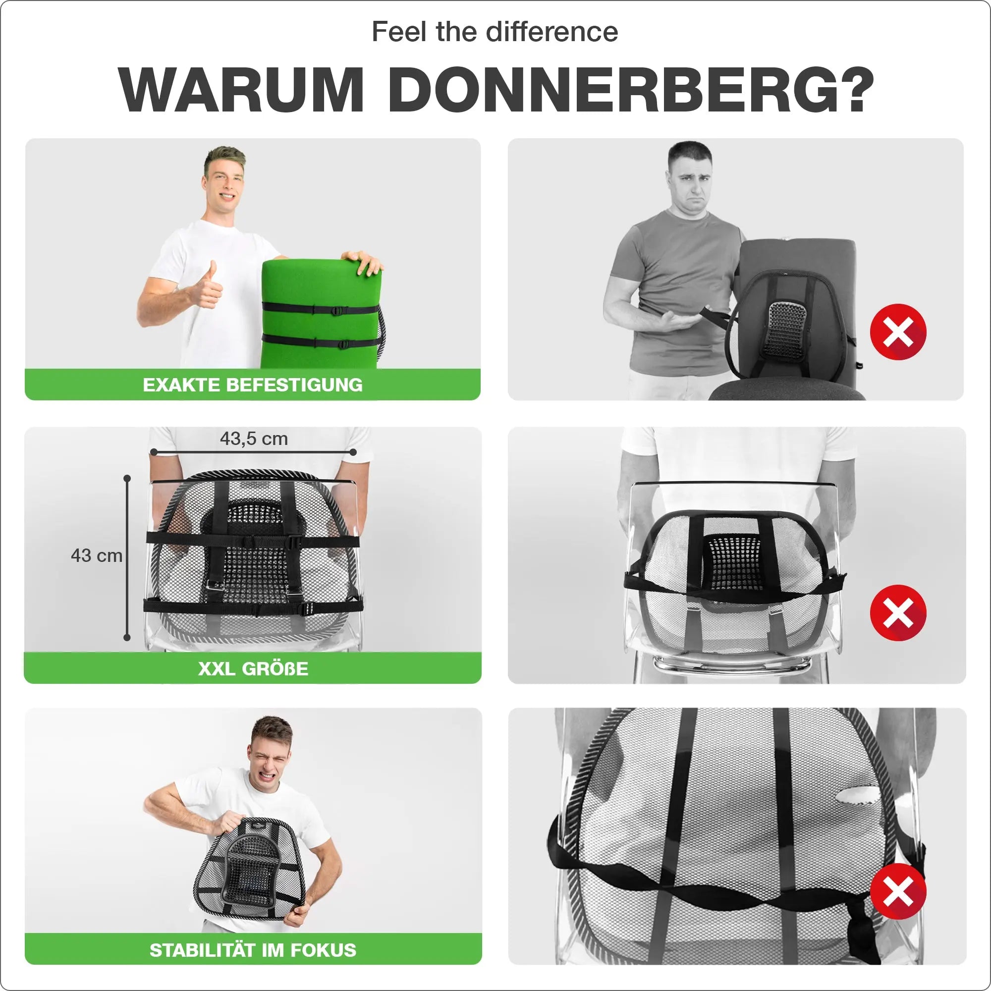 Pourquoi Donnerberg ? Avantages de notre soutien lombaire : installation simple et précise, taille XXL, stabilité, robustesse.