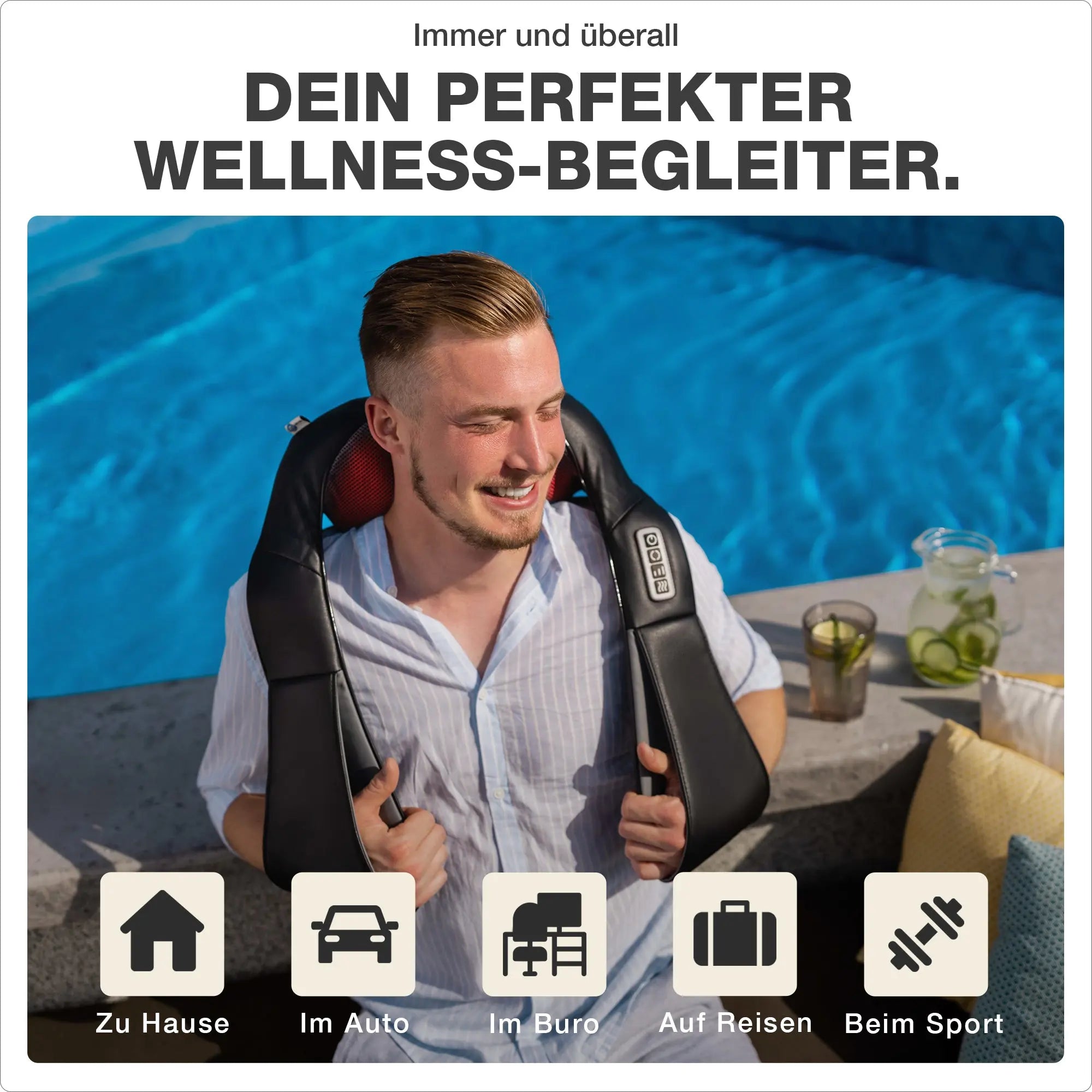 Massagegerät Basic mit Jade: Dein perfekter Wellness-Begleiter. Immer und überall: zu Hause, im Auto, im Büro, auf Reisen oder beim Sport. 