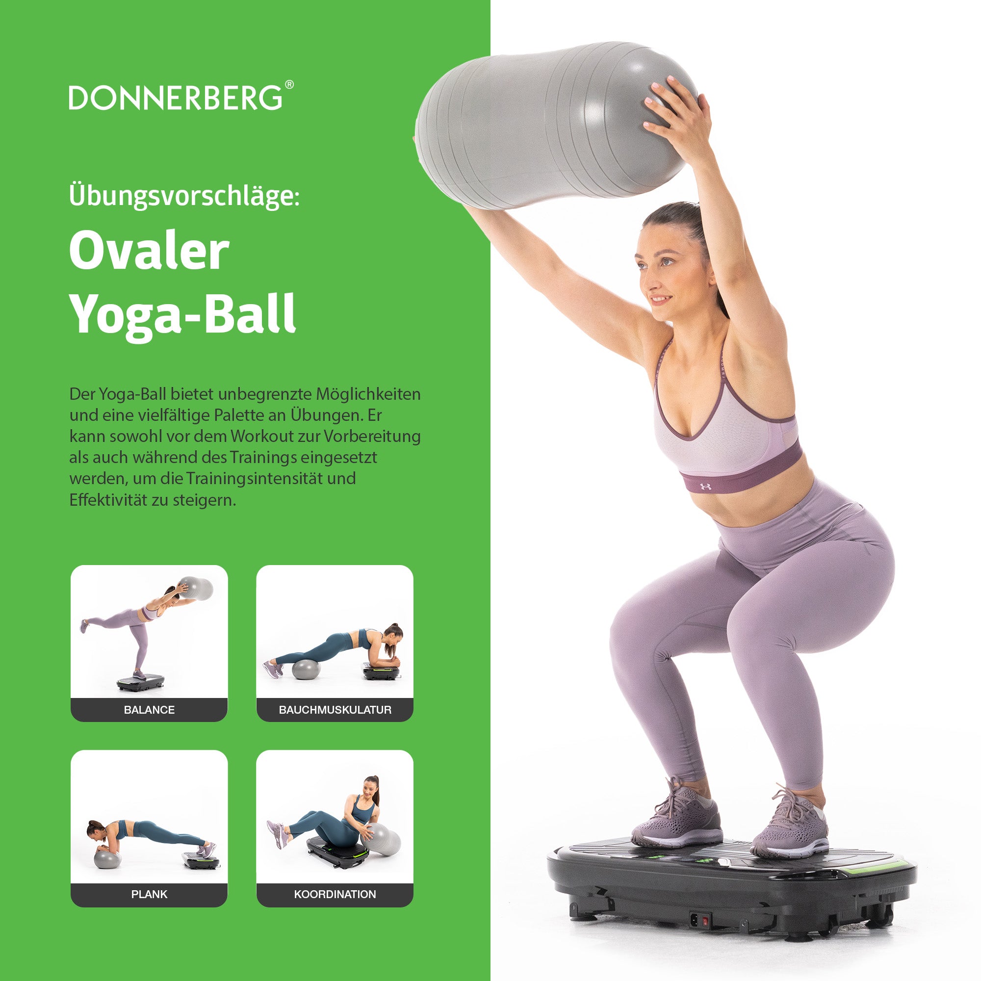 Examples of exercises with oval yoga ball on vibrating platform with seat