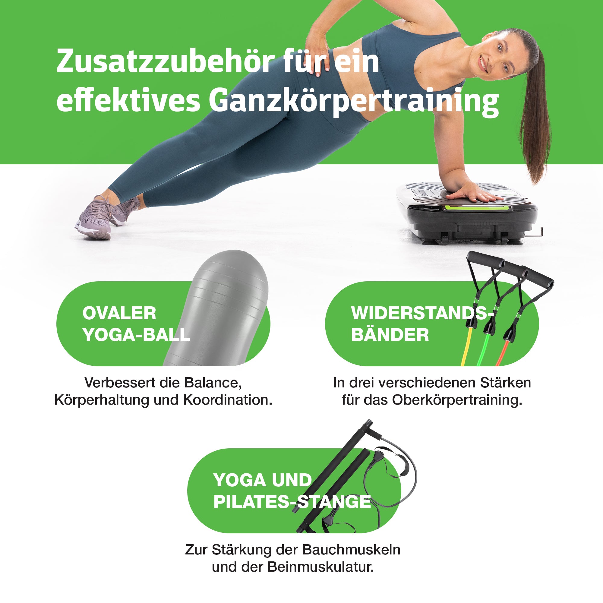Donnerberg vibration platform includes additional accessories: yoga ball, sling trainer, resistance bands, pilates bar