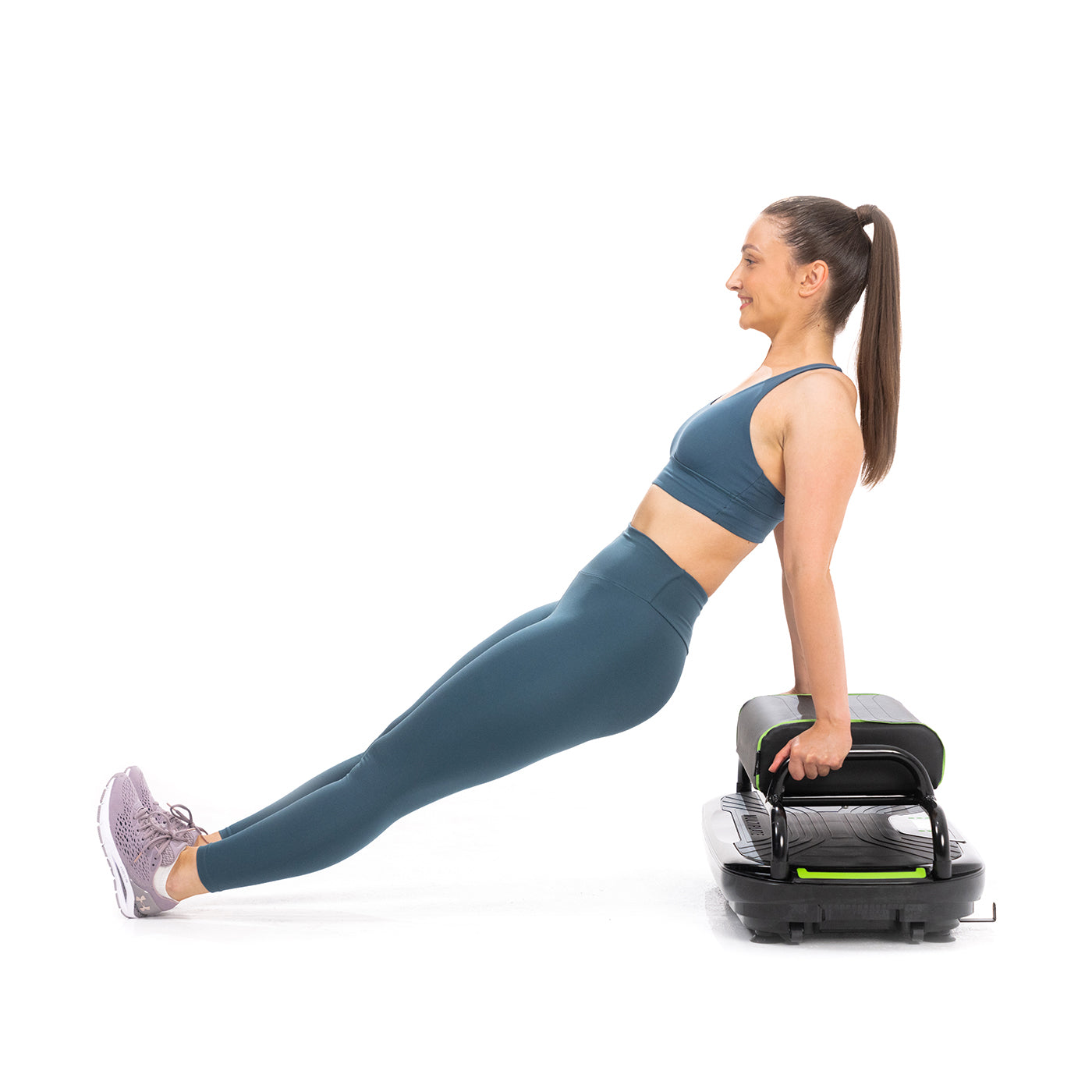 woman doing reverse push ups on vibration plate with seat