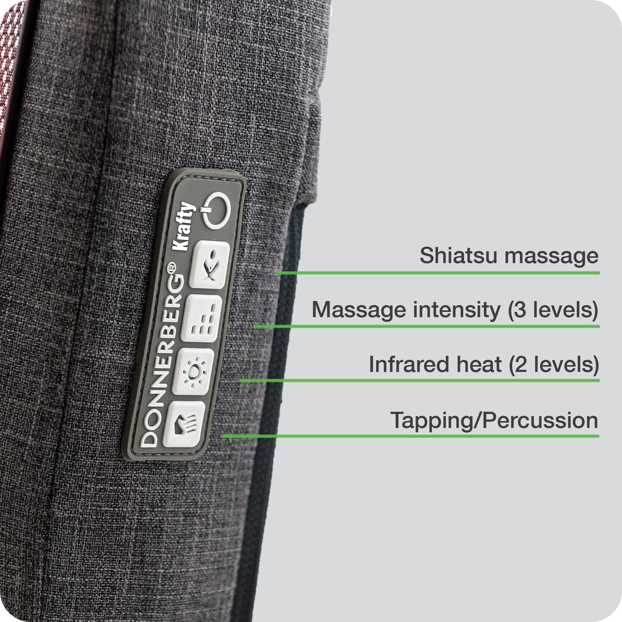 accessible control panel with four functions: shiatsu, speed, heat and tapping