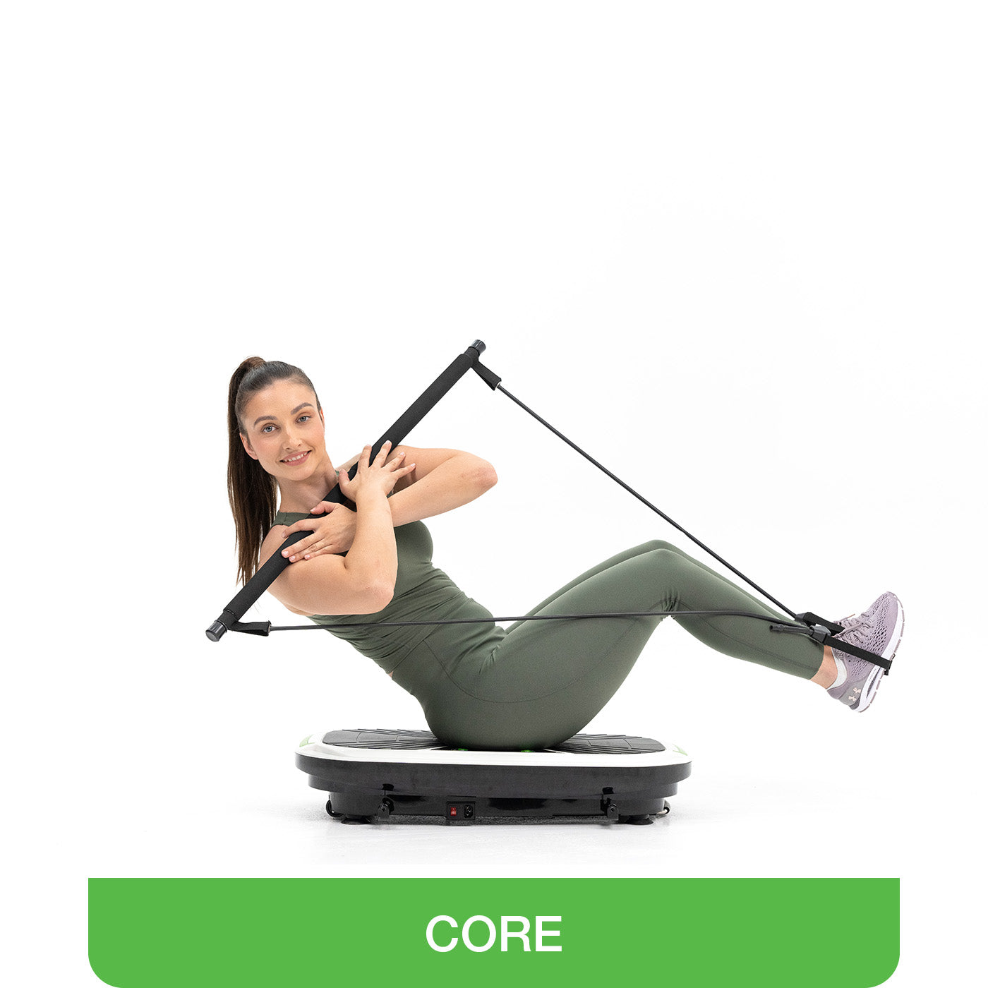 woman performing core exercise with pilates bar on vibrating exercise machine