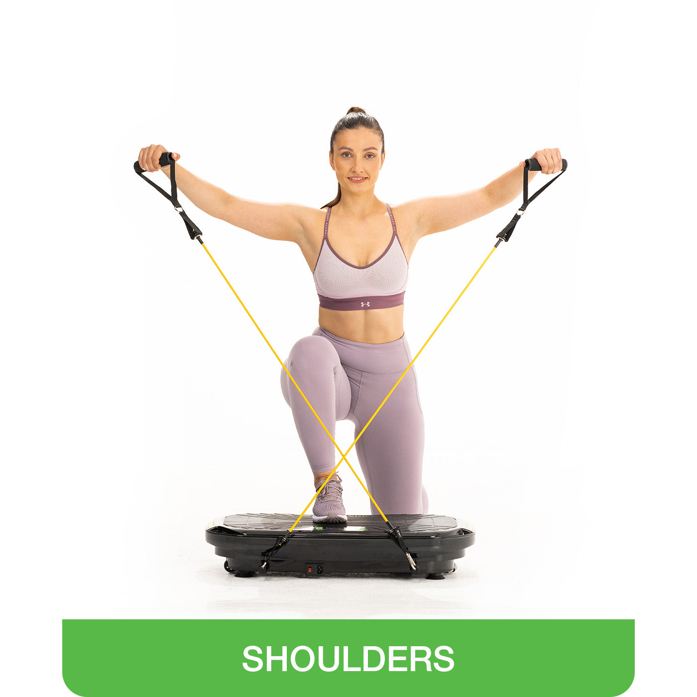woman doing shoulder exercises on vibrating plate