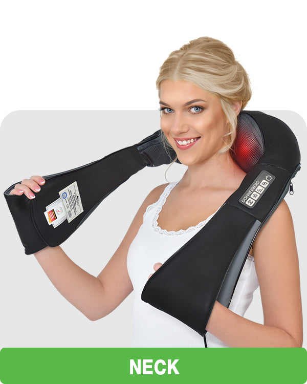 Woman using U shaped massager on her neck