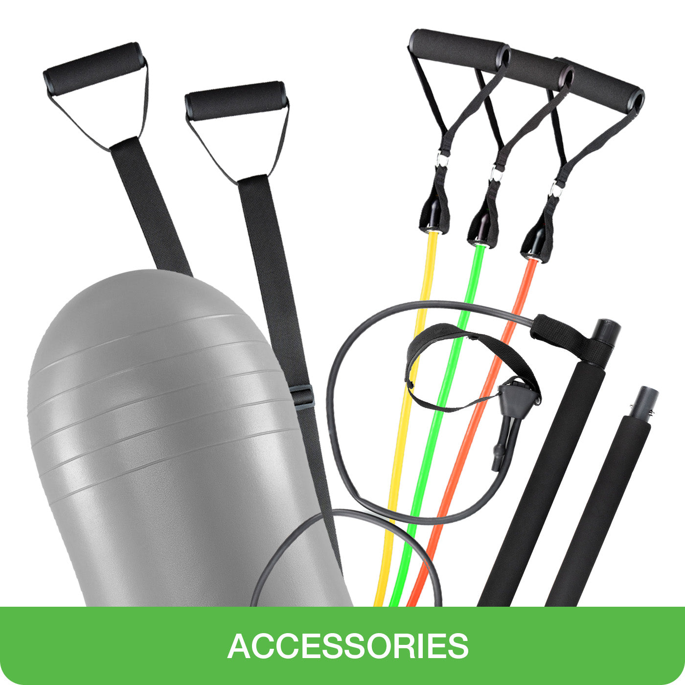 accessories for vibrating plate: yoga ball, resistance bands, pilates bar, sling trainer