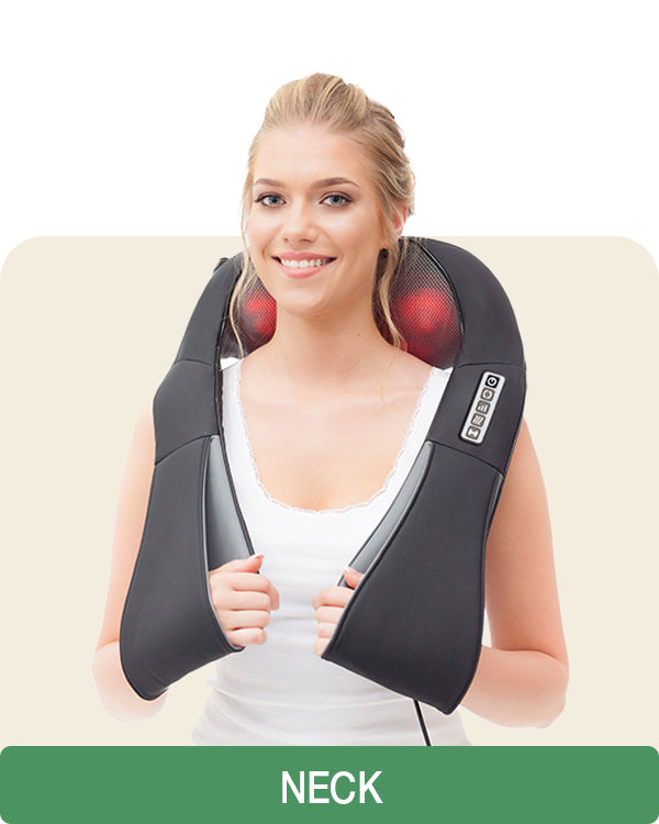 woman using massager with heat on her neck