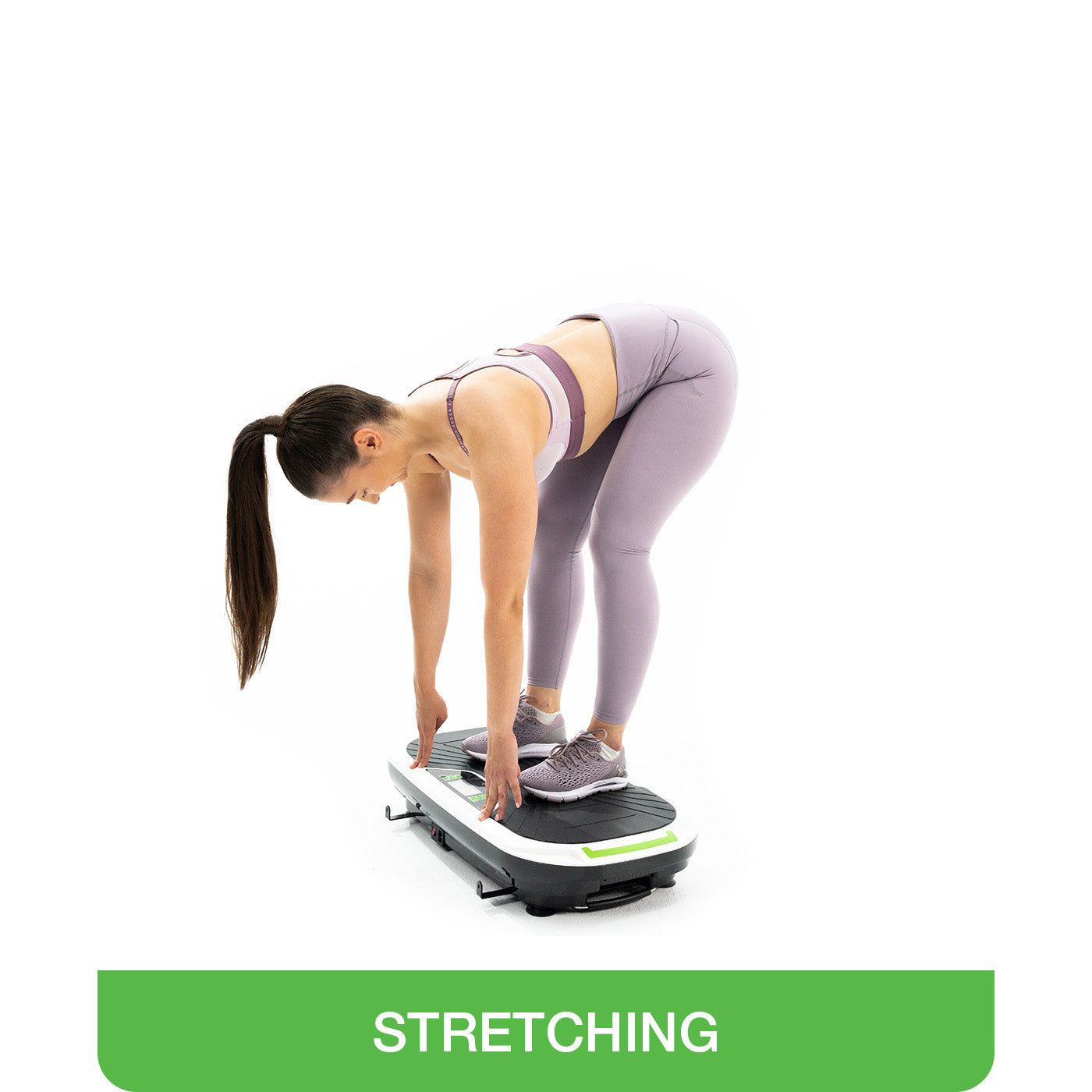 woman stretching out after workout on multiplate vibrating machine