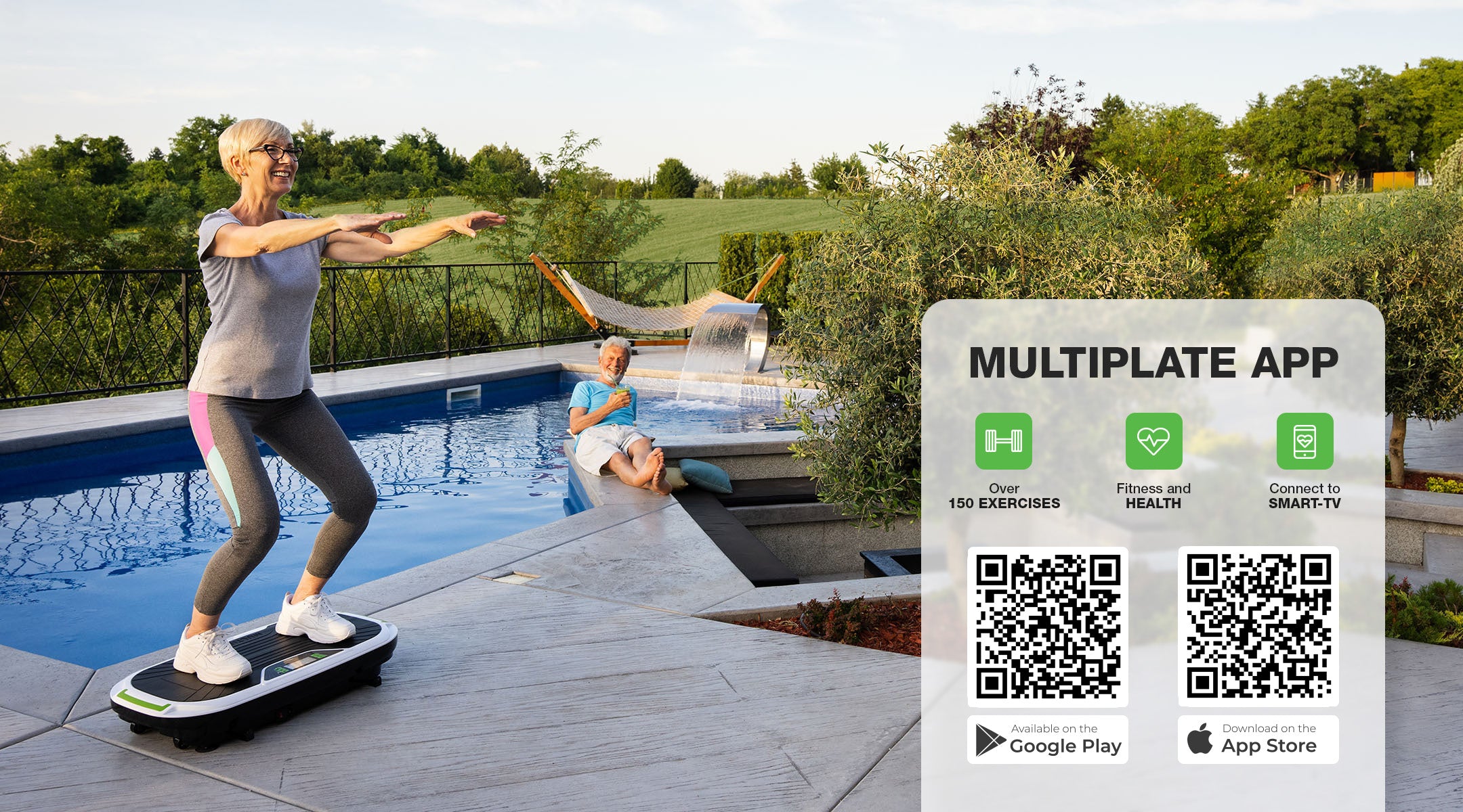 middle aged woman exercising on donnerberg vibrating plate by the pool