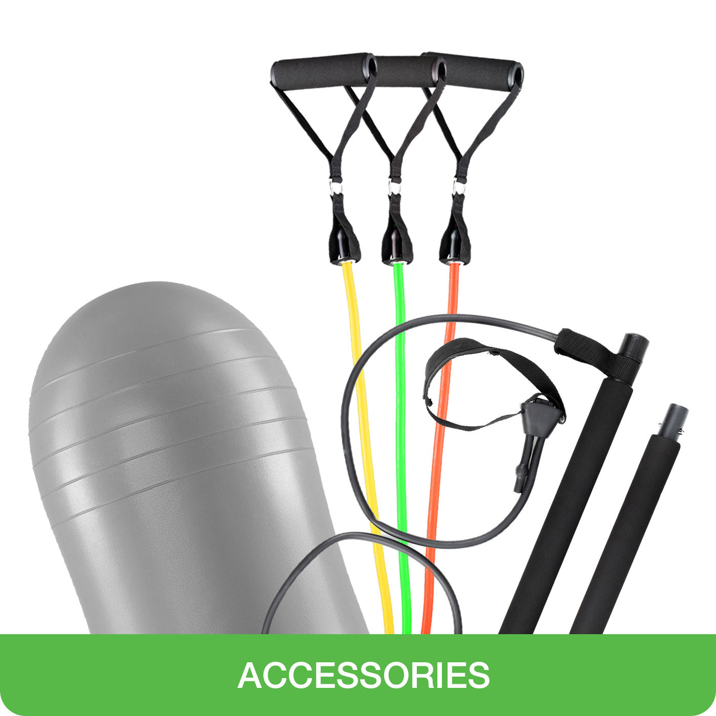 accessories for vibro plate: yoga ball, resistance bands, pilates bar