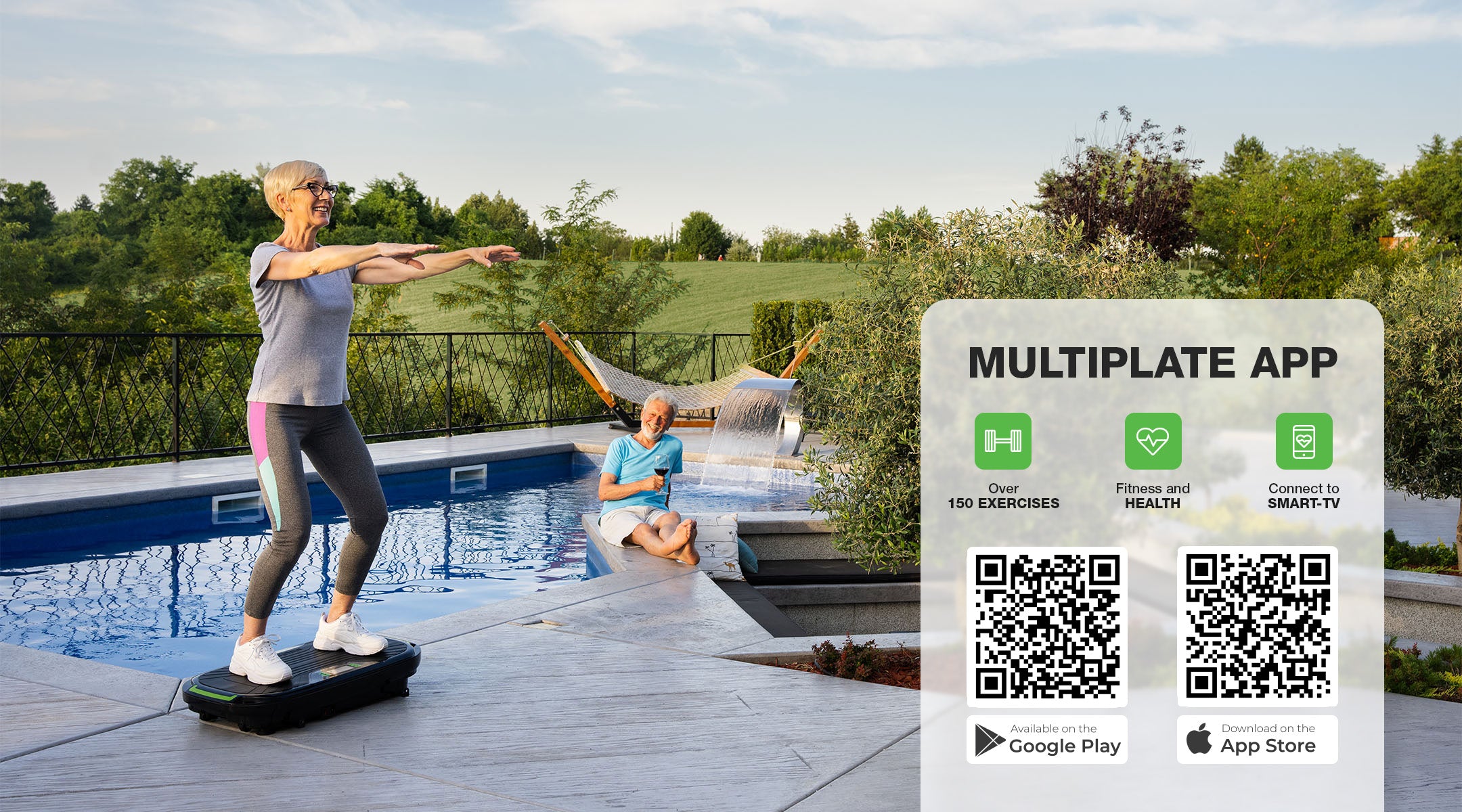 woman working out on vibro plate outdoors by the swimming pool